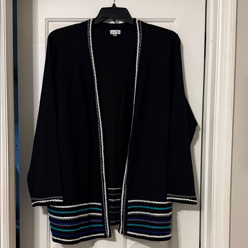 Avenue Elegant Black Cardigan with Blue and White Trim